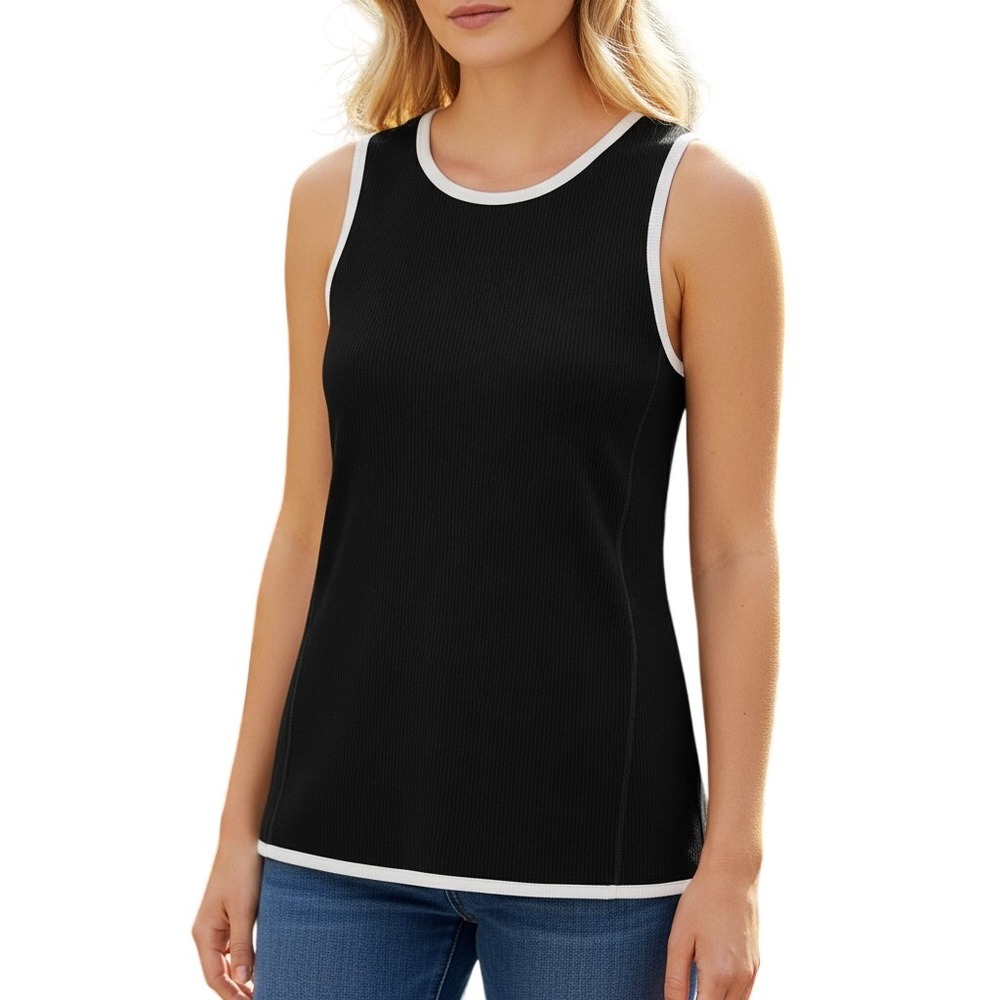 Vince Camuto Women Rich Black White Trim Ribbed Knit Tank Top 91624224 Large NEW